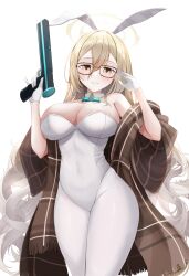 Rule 34 | 1girl, absurdres, akane (blue archive), akane (bunny) (blue archive), bare shoulders, blue archive, breasts, cleavage, glasses, highres, large breasts, long hair, looking at viewer, smile, solo