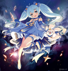 Rule 34 | 1girl, aqua eyes, bad id, bad pixiv id, blue hair, detached sleeves, dress, fingerless gloves, gloves, hair ornament, hairclip, hand on own chest, hatsune miku, long hair, looking at viewer, musical note, night, open mouth, quaver, rabbit, staff (music), star (sky), treble clef, tsukada nari, twintails, very long hair, vocaloid, yuki miku, yukine (vocaloid)