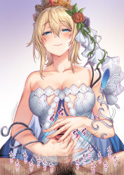 Rule 34 | 1boy, 1girl, aldehyde, bar censor, bare shoulders, blonde hair, blue cape, blue eyes, blue ribbon, blush, breasts, cape, censored, cleavage, closed mouth, collarbone, dress, erection, europa (granblue fantasy), flower, granblue fantasy, hair between eyes, hair flower, hair ornament, half-closed eyes, handjob, hetero, highres, large breasts, looking at viewer, paid reward available, penis, ribbon, smile, tiara, white dress