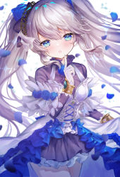 Rule 34 | 1girl, :o, black dress, blue eyes, blue flower, blue rose, blush, breasts, commentary request, dress, flower, frilled dress, frills, gloves, grey hair, hair between eyes, hair flower, hair ornament, hand up, head tilt, hi-na1, long hair, looking at viewer, parted lips, petals, pleated dress, rose, sennen sensou aigis, signature, small breasts, solo, sparkle, sybilla, twintails, very long hair, white gloves
