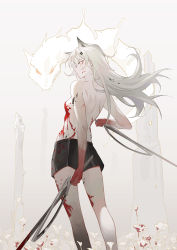 Rule 34 | 1girl, absurdres, animal ears, arknights, back, blood, breasts, eyeliner, hair ornament, hairclip, highres, holding, holding sword, holding weapon, krin (krinnin), lappland (arknights), long hair, looking at viewer, makeup, material growth, oripathy lesion (arknights), scar, shorts, solo, sword, topless, weapon, white hair, wolf ears, yellow eyes