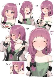 Rule 34 | 1girl, absurdres, black bow, black nails, blunt bangs, blush, bocchi the rock!, bow, braid, braided ponytail, camisole, closed eyes, coat, copyright request, green camisole, highres, hiroi kikuri, laughing, long hair, looking at viewer, multiple views, nail polish, pomp (qhtjd0120), purple eyes, purple hair, simple background, single braid, sweat, white background