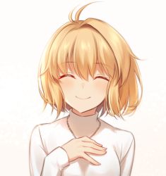 Rule 34 | 1girl, ahoge, antenna hair, arcueid brunestud, blonde hair, blush, breasts, closed eyes, closed mouth, commentary request, fingernails, hair between eyes, hair intakes, hand on own chest, jewelry, long sleeves, necklace, nemu mohu, short hair, sidelocks, simple background, smile, solo, sweater, tsukihime, tsukihime (remake), turtleneck, turtleneck sweater, upper body, vampire, white background, white sweater
