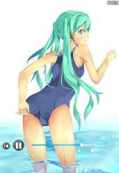 Rule 34 | 1girl, adjusting clothes, adjusting swimsuit, aqua eyes, aqua hair, bad id, bad pixiv id, bare shoulders, byte (allbyte), from behind, hatsune miku, headset, highres, long hair, looking back, one-piece swimsuit, school swimsuit, shizuka (deatennsi), solo, swimsuit, twintails, very long hair, vocaloid