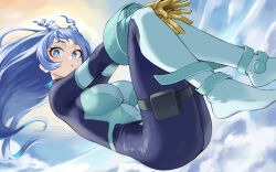 Rule 34 | 1girl, absurdres, belt, blue bodysuit, blue eyes, blue hair, bodysuit, boku no hero academia, breasts, bright pupils, closed mouth, cloud, cloudy sky, commentary request, day, drill hair, fengling (furin-jp), floating hair, gloves, green bodysuit, hadou nejire, hair horns, highres, knees up, large breasts, light blue hair, light blush, long hair, looking at viewer, midair, multicolored bodysuit, multicolored clothes, pouch, pout, skin tight, sky, solo, sunlight, thigh belt, thigh pouch, thigh strap, two-tone bodysuit, white pupils, yellow gloves
