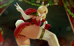 Rule 34 | 1girl, alternate costume, ass, blonde hair, blush, box, capelet, dress, elbow gloves, from side, gift, gift box, gloves, green capelet, grin, hair over one eye, hellsing, highres, holding, holding sack, looking at another, medium hair, over shoulder, panties, red dress, red panties, ribbon, sack, seras victoria, short dress, skindentation, smile, solo, teeth, themaestronoob, thighhighs, underwear, v, white gloves, white thighhighs