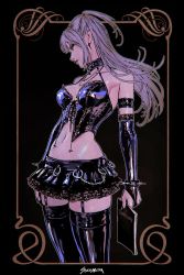 Rule 34 | 1girl, amane misa, armlet, artist name, bare shoulders, black background, black gloves, black lips, black nails, black skirt, black thighhighs, blunt bangs, book, bracelet, breasts, chain, choker, crop top, cross, cross earrings, death note, earrings, fingerless gloves, garter straps, gloves, goth fashion, gothic lolita, highres, holding, holding book, jewelry, lolita fashion, long hair, looking to the side, midriff, nail polish, navel, simple background, skirt, sozomaika, spiked bracelet, spikes, stomach, thighhighs
