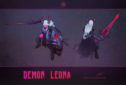 Rule 34 | 1girl, alternate costume, armor, armored boots, black cape, black thighhighs, boots, breastplate, cape, character name, colored skin, crown, demon girl, from behind, full body, gauntlets, grey background, holding, holding shield, holding sword, holding weapon, horns, league of legends, leona (league of legends), long hair, long sleeves, multiple views, pentagram, pink skin, ponytail, red eyes, shield, signature, sword, thighhighs, thorsten erdt, torn cape, torn clothes, watermark, weapon, web address, white hair