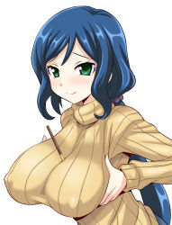 Rule 34 | 10s, 1girl, between breasts, blue hair, blush, breast lift, breasts, covered erect nipples, food, from side, green eyes, gundam, gundam build fighters, impossible clothes, iori rinko, konno tohiro, large breasts, light smile, long hair, long sleeves, looking at viewer, low ponytail, mature female, pocky, ponytail, raised eyebrows, ribbed sweater, scrunchie, simple background, smile, solo, sweater, swept bangs, taut clothes, turtleneck, upper body, very long hair, white background
