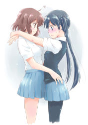 Rule 34 | 10s, 2girls, arms around neck, blue eyes, blue hair, blush, brown eyes, brown hair, commentary request, fang, from side, highres, hug, inokuma youko, kin-iro mosaic, komichi aya, long hair, long sleeves, looking at another, multiple girls, mutual hug, open mouth, pantyhose, profile, revision, school uniform, short hair, sideways mouth, smile, takahashi mugi, twintails, very long hair, white background, yuri