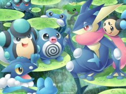 Rule 34 | :d, artist name, bright pupils, commentary request, creatures (company), day, froakie, frogadier, game freak, gen 1 pokemon, gen 2 pokemon, gen 5 pokemon, gen 6 pokemon, greninja, grey eyes, hand up, highres, lily pad, nintendo, open mouth, outdoors, palpitoad, pokemon, pokemon (creature), politoed, poliwag, poliwhirl, sasabunecafe, seismitoad, sitting, smile, swimming, tongue, twitter username, tympole, water, water drop, white pupils
