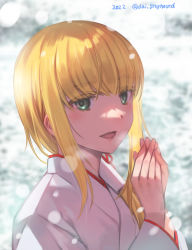 Rule 34 | blonde hair, chevalier d&#039;eon (fate), dated, fate/grand order, fate (series), green eyes, highres, japanese clothes, kimono, moriyama daisuke, own hands together, smile, snow, solo, twitter username