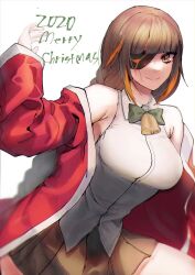 Rule 34 | 1girl, bell, brown eyes, brown hair, coat, eyepatch, girls&#039; frontline, looking at viewer, m16a1 (girls&#039; frontline), merry christmas, off shoulder, red coat, scar, shirt, third-party source, upper body, white shirt, xanax025