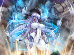 Rule 34 | 00s, 1girl, attack, blue skin, bodysuit, breasts, colored skin, covered erect nipples, game cg, huge breasts, igawa asagi, kagami hirotaka, large breasts, lilith-soft, open mouth, possessed, purple skin, rape face, red eyes, smile, solo, sword, taimanin (series), taimanin asagi, taimanin asagi 3, weapon, you gonna get raped