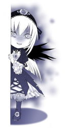 Rule 34 | 00s, 1girl, angry, aura, black wings, chibi, chibi only, dress, flower, hairband, kitano tomotoshi, long hair, monochrome, peeking out, rose, rozen maiden, shaded face, solo, suigintou, very long hair, wings
