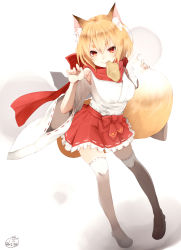 Rule 34 | 1girl, aburaage, animal ear fluff, animal ears, blonde hair, brown eyes, chita (ketchup), fang, fang out, food, food in mouth, fox ears, fox tail, frilled skirt, frills, full body, hakama, hakama short skirt, hakama skirt, highres, japanese clothes, lace, lace-trimmed legwear, lace-trimmed sleeves, lace trim, looking at viewer, miko, miniskirt, mouth hold, original, red scarf, scarf, short hair, signature, skirt, solo, standing, tail, thighhighs, white thighhighs, wide sleeves, zettai ryouiki