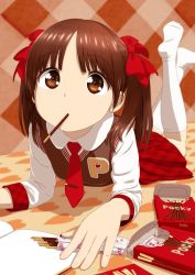 Rule 34 | 1girl, absurdres, akahige, argyle, argyle background, argyle clothes, brown eyes, brown hair, food, hair ribbon, heart, highres, lying, necktie, on stomach, open mouth, original, pocky, pocky day, ribbon, skirt, solo, twintails