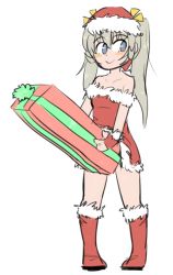 Rule 34 | 10s, 1girl, artist request, asakura mao, blonde hair, blue eyes, blush, boots, christmas, fingerless gloves, flat chest, futabu, futanari, gloves, sexually suggestive, simple background, solo, standing, twintails, white background