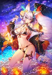 Rule 34 | 1girl, age of ishtaria, animal ear fluff, animal ears, animal print, bare shoulders, beads, bikini, bird, black choker, black hair, black jacket, blush, breasts, choker, cleavage, fire, flower, fox ears, fox girl, fox tail, grey hair, hair flower, hair ornament, highres, jacket, kneeling, large breasts, long hair, looking at viewer, mouth hold, multicolored hair, munlu (wolupus), nail polish, ocean, off shoulder, open clothes, open jacket, orange flower, orange nails, prayer beads, purple eyes, red flower, rock, sandals, seimei (age of ishtaria), solo, star (symbol), star hair ornament, sunset, swimsuit, tail, tassel, thigh strap, two-tone hair, white bikini, white flower