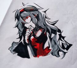 Rule 34 | 1other, alternate hair color, androgynous, blood, blood on face, blood on hands, closed mouth, cocopalm, grey hair, hand to own mouth, highres, len&#039;en, long hair, marker (medium), other focus, pointy ears, red eyes, simple background, solo, taira no fumikado, traditional media, white background