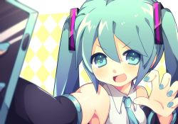 Rule 34 | 1girl, aqua eyes, aqua hair, aqua nails, aqua necktie, argyle, argyle background, argyle clothes, bare shoulders, black sleeves, blurry, blurry foreground, claw pose, commentary, detached sleeves, foreshortening, hair ornament, hands up, hatsune miku, holding, holding phone, long hair, looking at viewer, nail polish, necktie, open mouth, outstretched arm, phone, ryuuga sazanami, selfie, shirt, sleeveless, sleeveless shirt, smile, solo, twintails, upper body, v-shaped eyebrows, vocaloid, white shirt