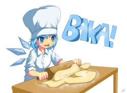 Rule 34 | 1girl, alternate costume, blue eyes, blue hair, chef hat, cirno, commission, dough, hat, highres, matching hair/eyes, nac0n, open mouth, pun, rolling pin, short hair, signature, simple background, skirt, skirt set, sleeves rolled up, solo, table, touhou, white background, wings