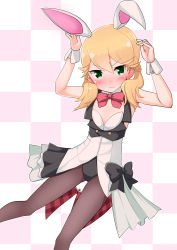 Rule 34 | 1girl, absurdres, alice gear aegis, animal ears, black bow, black leotard, black pantyhose, blonde hair, blush, bow, bowtie, breasts, checkered background, coattails, detached collar, fake animal ears, flipped hair, green eyes, hair between eyes, heart, highres, kotomura akane, leotard, looking at viewer, pantyhose, pink bow, quel, rabbit ears, rabbit pose, small breasts, thighs, twintails, wavy mouth, wrist cuffs