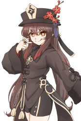 Rule 34 | 1girl, :q, black coat, black hat, black nails, black shorts, brown hair, caskule, coat, commentary request, flower, flower-shaped pupils, genshin impact, hat, hat flower, highres, hu tao (genshin impact), jewelry, long hair, long sleeves, nail polish, plum blossoms, porkpie hat, red eyes, ring, short shorts, shorts, simple background, smile, solo, symbol-shaped pupils, tailcoat, tongue, tongue out, twintails, white background