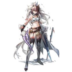 Rule 34 | 1girl, arknights, bare shoulders, belt, black belt, black gloves, black thighhighs, blue eyes, boots, breasts, brown hair, crop top, fake horns, full body, gloves, highres, holding, holding weapon, horns, jewelry, kang yiqian (self cultivation), kirin (armor), kirin r yato (arknights), large breasts, long hair, looking at viewer, midriff, monster hunter (series), multicolored hair, navel, official art, pendant, skirt, smile, solo, standing, stomach, thigh boots, thighhighs, thighs, transparent background, two-tone hair, very long hair, weapon, white footwear, white hair, yato (arknights)
