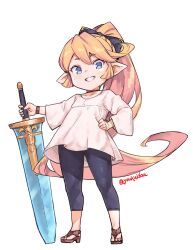 Rule 34 | 1girl, alternate costume, black bow, blonde hair, blue eyes, bow, brown footwear, charlotta (granblue fantasy), commentary request, full body, granblue fantasy, hair bow, hand on own hip, harvin, highres, holding, holding sword, holding weapon, jingai modoki, long hair, long sleeves, looking at viewer, pointy ears, sandals, shirt, simple background, smile, solo, standing, sword, toes, twitter username, weapon, white background, white shirt