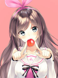Rule 34 | 1girl, bare shoulders, black bow, blue eyes, blush, bow, breasts, brown background, brown hair, closed mouth, detached sleeves, food request, hairband, hands up, highres, kizuna ai, kizuna ai inc., long hair, long sleeves, looking at viewer, medium breasts, multicolored hair, pink hair, pink hairband, rupe paperu, shirt, simple background, sleeveless, sleeveless shirt, smile, solo, streaked hair, striped, striped bow, upper body, virtual youtuber, white shirt, white sleeves