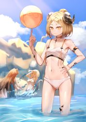 Rule 34 | 3girls, absurdres, arknights, arm strap, ball, bandages, bare arms, bare shoulders, beachball, big ugly (arknights), bikini, blonde hair, blue sky, brown hair, ceobe (arknights), ceobe (summer flowers) (arknights), chest sarashi, cloud, commentary request, day, hand on own hip, highres, horns, ifrit (arknights), ifrit (sunburn) (arknights), index finger raised, kirigirisu1221, long hair, looking at viewer, material growth, multiple girls, navel, oripathy lesion (arknights), partial commentary, sarashi, short hair, sky, standing, stomach, swimsuit, thighs, utage (arknights), utage (summer flowers) (arknights), very long hair, wading, water, white bikini, yellow eyes