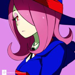 Rule 34 | 10s, 1girl, aurahack, expressionless, hair over one eye, hat, highres, little witch academia, makeup, pink background, pink hair, red eyes, signature, solo, sucy manbavaran, upper body, watermark, web address, witch hat