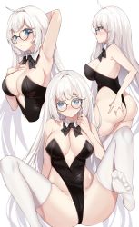 Rule 34 | 1girl, ahoge, arm behind head, arm up, armpits, ass, bare arms, black bow, black leotard, black neckwear, blue eyes, blush, bow, bowtie, breasts, chukibabo2, closed mouth, commentary request, copyright request, detached collar, feet, glasses, hand on own chest, highleg, highleg leotard, highres, korean commentary, large breasts, legs, leotard, long hair, looking at viewer, multiple views, no shoes, simple background, skindentation, smile, soles, spread legs, thighhighs, toes, very long hair, white background, white hair, white thighhighs