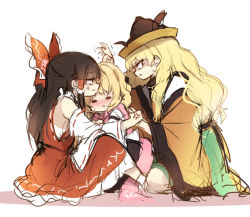 Rule 34 | 3girls, anger vein, angry, apron, bags under eyes, bare shoulders, blonde hair, blouse, blush, bow, breasts, brown hair, detached sleeves, hair bow, hair tubes, hakurei reimu, hat, hidden star in four seasons, holding another&#039;s wrist, japanese clothes, kimono, kirisame marisa, large bow, long hair, looking at viewer, matara okina, medium breasts, multiple girls, no headwear, no headwear, nose blush, pink scarf, piyokichi, red eyes, scared, scarf, shaded face, shirt, short hair, skirt, skirt set, slit pupils, solid oval eyes, straight hair, touhou, very long hair, vest, waist apron, wavy hair, yellow eyes, yuri