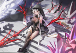 Rule 34 | 1girl, absurdres, bare shoulders, black dress, black thighhighs, boots, breasts, clothing cutout, crystal, detached sleeves, dress, highres, horns, large breasts, long hair, long sleeves, looking at viewer, nishibi mitsuba, original, pelvic curtain, polearm, red eyes, side cutout, sitting, solo, spear, thighhighs, thighs, veil, very long hair, weapon, white hair, wide sleeves, wings, witch