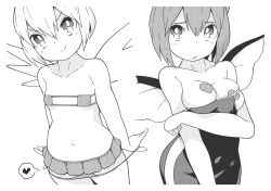 Rule 34 | 2girls, bikini, bikini bottom pull, bodysuit, breasts, cirno, commentary request, covered erect nipples, daiyousei, eyepatch bikini, fairy wings, greyscale, heart, heart pasties, highres, huxiao (mistlakefront), ice, ice wings, large breasts, micro bikini, microskirt, monochrome, multiple girls, one breast out, pasties, petite, skirt, small breasts, smile, spoken heart, swimsuit, touhou, v-shaped eyebrows, wings
