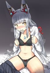 Rule 34 | 1girl, alten, alternate costume, animal ear fluff, animal ears, blouse, blunt bangs, blush, breasts, cameltoe, cat ears, collarbone, condom, condom in mouth, condom wrapper, grey hair, heavy breathing, highres, long hair, mouth hold, navel, nia (blade) (xenoblade), nia (xenoblade), nintendo, open clothes, open shirt, shirt, skirt, skirt around one leg, solo, spoilers, spread legs, thighs, underwear, undressing, very long hair, xenoblade chronicles (series), xenoblade chronicles 2, yellow eyes