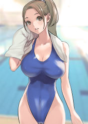 Rule 34 | 1girl, bare shoulders, breasts, brown eyes, brown hair, cameltoe, cleavage, competition swimsuit, covered navel, dytm, highleg, highleg swimsuit, highres, large breasts, long hair, looking at viewer, one-piece swimsuit, original, parted lips, ponytail, pool, pool monitor part-timer (dtym), poolside, solo, swimsuit, towel