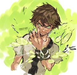 Rule 34 | 1boy, artist name, ben 10, ben tennyson, brown hair, commentary, cropped torso, energy, english commentary, green eyes, highres, looking at viewer, male focus, omnitrix, science fiction, smirk, solo, v-shaped eyebrows, yourfreakyneighbourh