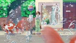 Rule 34 | 1girl, absurdres, air bubble, anchovy (fish), bag, blurry, blurry foreground, bow, bowtie, brick wall, brown hair, bubble, bus stop, clothes shop, collared shirt, coral, crab, dress shirt, fish, goldfish, green pants, hat, hedge, highres, holding, holding bag, holding phone, original, pants, phone, road, road sign, scenery, school of fish, seaweed, shirt, sign, signature, sparkle, street, summer, surreal, top hat, underwater, yellow eyes, yurakusai
