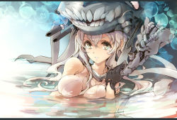 Rule 34 | 10s, 1girl, abyssal ship, bare shoulders, black gloves, bodysuit, breasts, endou okito, gloves, grey hair, hat, kantai collection, letterboxed, long hair, partially submerged, solo, upper body, water, wo-class aircraft carrier, yellow eyes