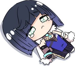 Rule 34 | 1girl, black thighhighs, blue hair, chinese clothes, coat, crying, eyebrows hidden by hair, genshin impact, green eyes, highres, looking at viewer, meme, sesield, shadow, short hair, simple background, solo, tears, thighhighs, white background, yelan (genshin impact)