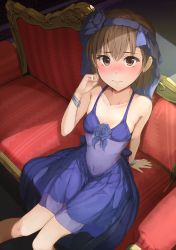 Rule 34 | 1girl, blush, breasts, brown eyes, brown hair, collarbone, couch, dress, feet out of frame, female focus, from above, hair between eyes, hand up, highres, k3rd, looking at viewer, looking up, misaka mikoto, navel, purple dress, see-through, see-through dress, short hair, sitting, small breasts, solo, spoilers, stomach, toaru kagaku no railgun, toaru majutsu no index