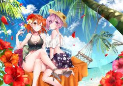 Rule 34 | 2girls, alternate costume, ass, bare arms, bare shoulders, beach, bikini, black bikini, black skirt, blush, breasts, cloud, collarbone, commentary request, day, drink, fate/grand order, fate (series), floral print, flower, from side, fujimaru ritsuka (female), grin, hair between eyes, hair flower, hair ornament, hat, high heels, highres, holding, holding drink, kgr lplc, large breasts, looking at viewer, mash kyrielight, multiple girls, one eye closed, orange eyes, orange hair, outdoors, palm tree, pink eyes, pink hair, red flower, skirt, smile, sun hat, sunflower, swimsuit, tree, water, white flower, yellow flower
