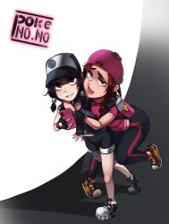 Rule 34 | 2girls, aged down, arm around neck, ass, backpack, backwards hat, bag, baseball cap, bike shorts, black hair, blue eyes, borrowed design, bracelet, braces, braid, cellphone, child, collar, creatures (company), eyeliner, female protagonist (pokemon go), flat chest, freckles, full body, game freak, hat, highres, hug, jewelry, lips, looking at viewer, makeup, missing tooth, mole, mole under mouth, multiple girls, nail polish, nintendo, open mouth, pale skin, pants, phone, pokemon, pokemon go, polyle, red eyes, shirt, shoes, smartphone, sneakers, spiked collar, spikes, t-shirt, teeth, thick eyebrows, tongue, tooth gap, twin braids, yoga pants