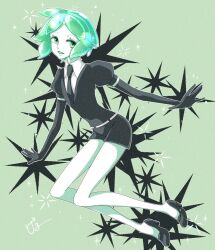 Rule 34 | 1other, androgynous, black footwear, black gloves, black jacket, black necktie, black shorts, collared shirt, colored skin, commentary request, crystal hair, elbow gloves, full body, gem uniform (houseki no kuni), geru geruru, gloves, green background, green eyes, green hair, houseki no kuni, jacket, looking at viewer, necktie, open mouth, other focus, phosphophyllite, puffy short sleeves, puffy sleeves, shirt, shoes, short hair, short sleeves, shorts, signature, smile, solo, white shirt, white skin