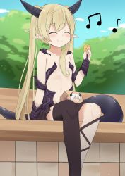Rule 34 | 10s, 1girl, absurdres, asymmetrical legwear, bench, biscuit, blue sky, blush, breasts, cloud, commentary request, day, diablo (isekai maou), dragon girl, dragon horns, dragon tail, eating, closed eyes, food, grey hair, happy, highres, horns, isekai maou to shoukan shoujo no dorei majutsu, krebskulm, long hair, musical note, navel, outdoors, pointy ears, revealing clothes, sakutaishi, single thighhigh, skirt, sky, small breasts, smile, solo, tail, thighhighs, tree, twintails, uneven legwear, very long hair