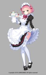 Rule 34 | 1girl, :3, apron, black bow, black dress, black footwear, blush, bow, cake, cake slice, chii aruel, closed mouth, cup, dress, food, frilled apron, frilled dress, frills, fruit, full body, green eyes, grey background, hair flaps, highres, holding, holding plate, lace, lace-trimmed legwear, lace trim, lim jaejin, maid, maid apron, maid headdress, mary janes, pink hair, plate, shoes, short hair, simple background, solo, soulworker, standing, standing on one leg, strawberry, strawberry shortcake, teacup, teapot, watermark, white apron, white legwear