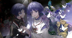 Rule 34 | 2boys, absurdres, blood, blood on face, bug, butterfly, different reflection, flower, genshin impact, grin, highres, insect, japanese clothes, looking at another, looking at viewer, male focus, mirror, multiple boys, purple eyes, purple hair, reflection, scaramouche (genshin impact), short hair, smile, wanderer (genshin impact), xingxing mei